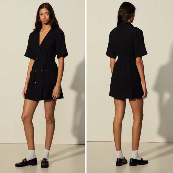 SANDRO Black Mini Dress With Tailored Collar Size 36 - Picture 2 of 10